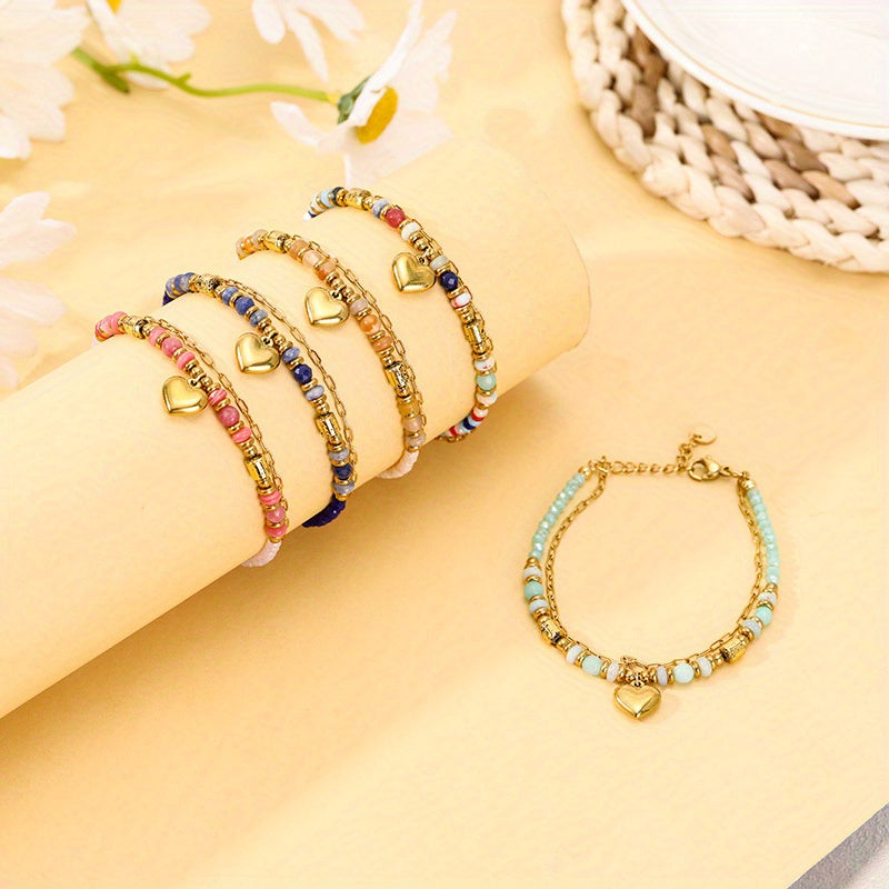 Stainless Steel Bracelet Bohemian Style Natural Stone Beaded Crystal Peach Heart Bracelet Double Layer Women's Bracelet，Ideal for Gifts，Suitable for Multiple Scenarios。