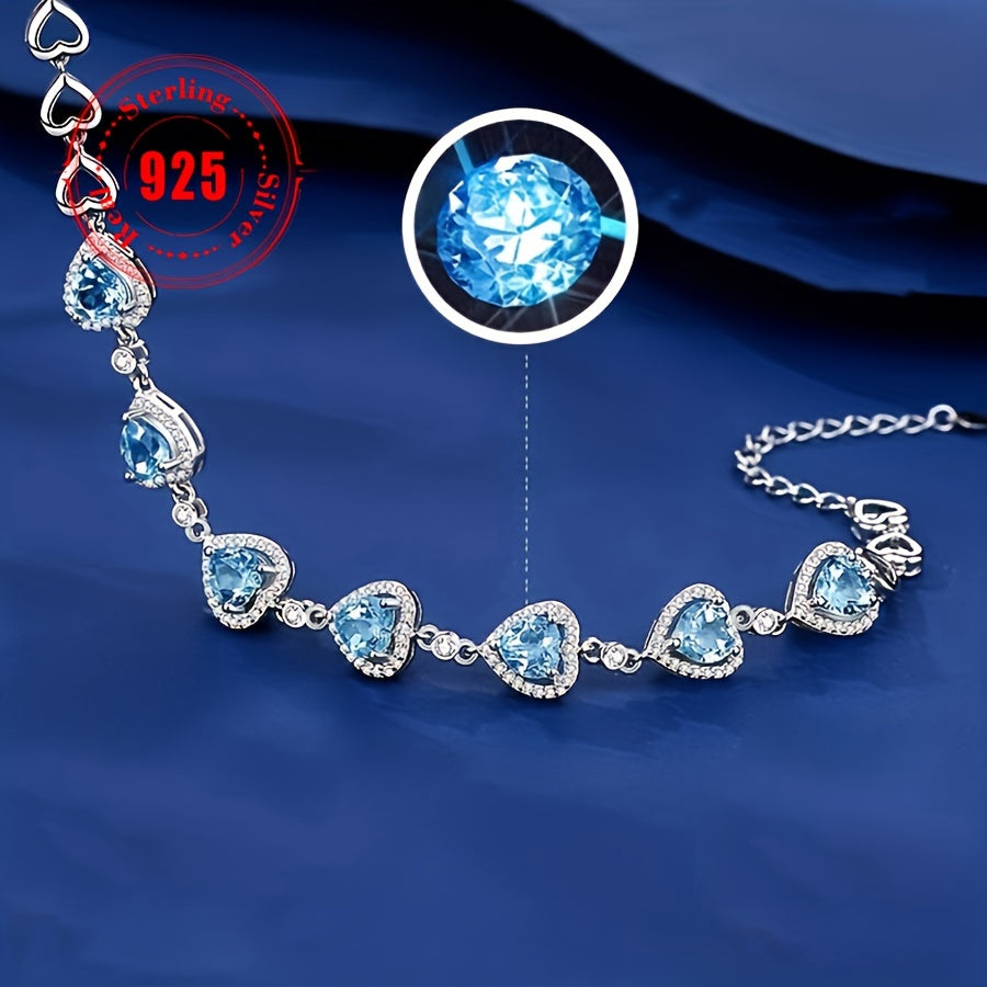 1Pieces925Sterling Silver Low Sensitivity Blue Sea Heart Inlaid Zirconia Fashion Elegant Sexy Beach Vacation Women's Fashion Bracelet（Total Weight6.8Gram）