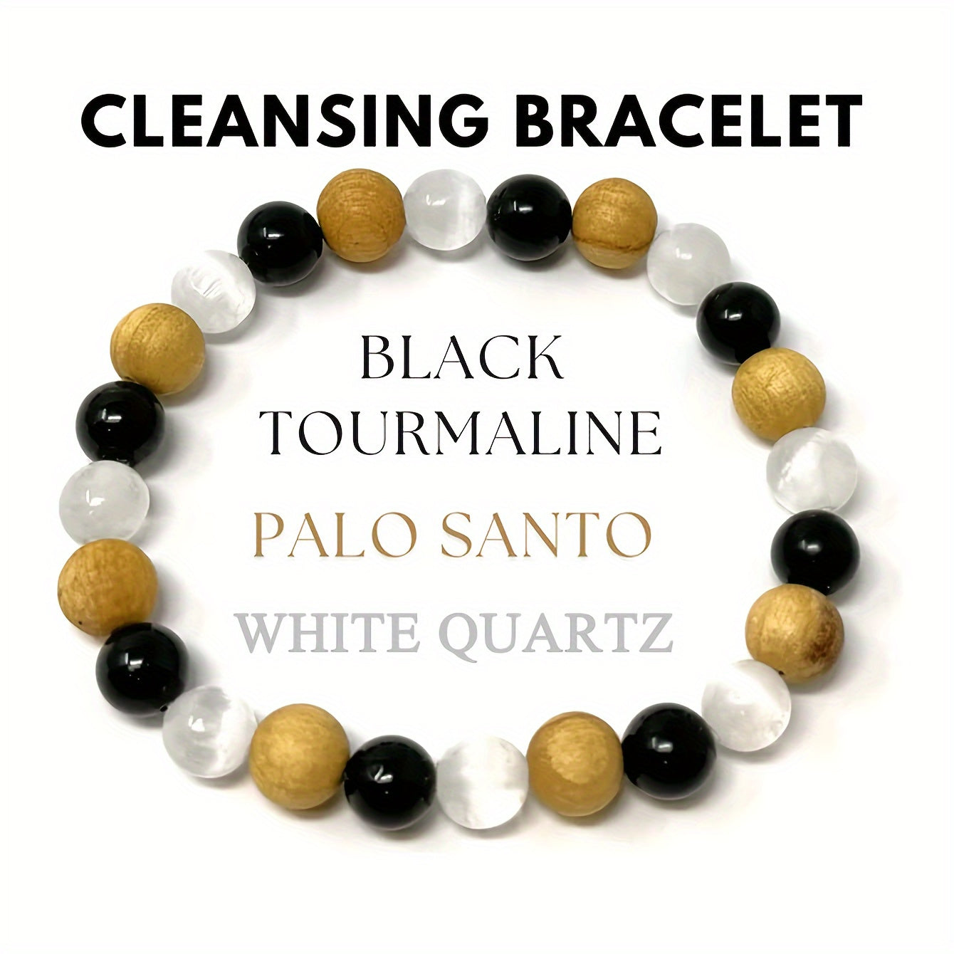 1pc Clean Bracelet White Quartz Black Tourmaline and Palo Santo 8mm Round Purified Crystal Stretch Stone Bracelet