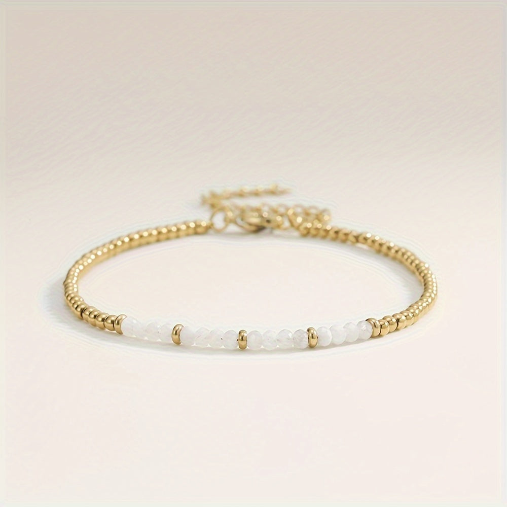 【Popular Choice】1 Elegant Simple Adjustable Bracelet，Matching 18K Gold Plated Stainless Steel and Natural Stone Beads - Moonstone、Rose Quartz、Lapis Lazuli |Ideal Everyday Wear Or Gift for Ladies，Bracelet beads