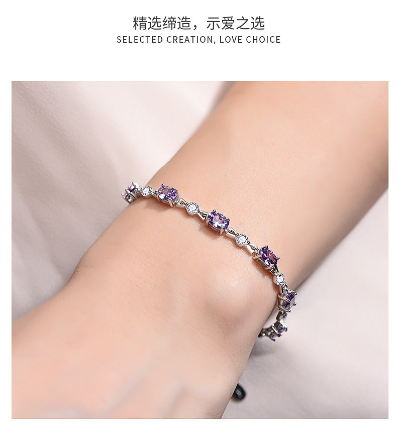 S925Silver Amethyst Couple Purple Diamond Sterling Silver Bracelet Female Korean Style Personalized and Mori Girlfriends Jewelry Wholesale Delivery