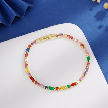 A French Colorful Synthetic Zircon Copper Bracelet，Suitable for Women to Wear - Four Seasons Universal Connecting Shackle Long Design，Suitable for Daily Wear、Vacation and Dating。