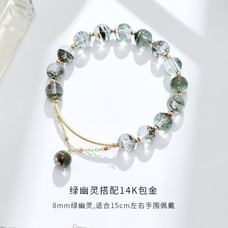 Anomaly Crystal Green Phantom Quartz Matching14K Women's Gilded Bracelet8mm Imitation Green Phantom Quartz Beads String Beads Bracelet Hand Jewelry