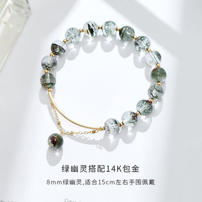 Anomaly Crystal Green Phantom Quartz Matching14K Women's Gilded Bracelet8mm Imitation Green Phantom Quartz Beads String Beads Bracelet Hand Jewelry