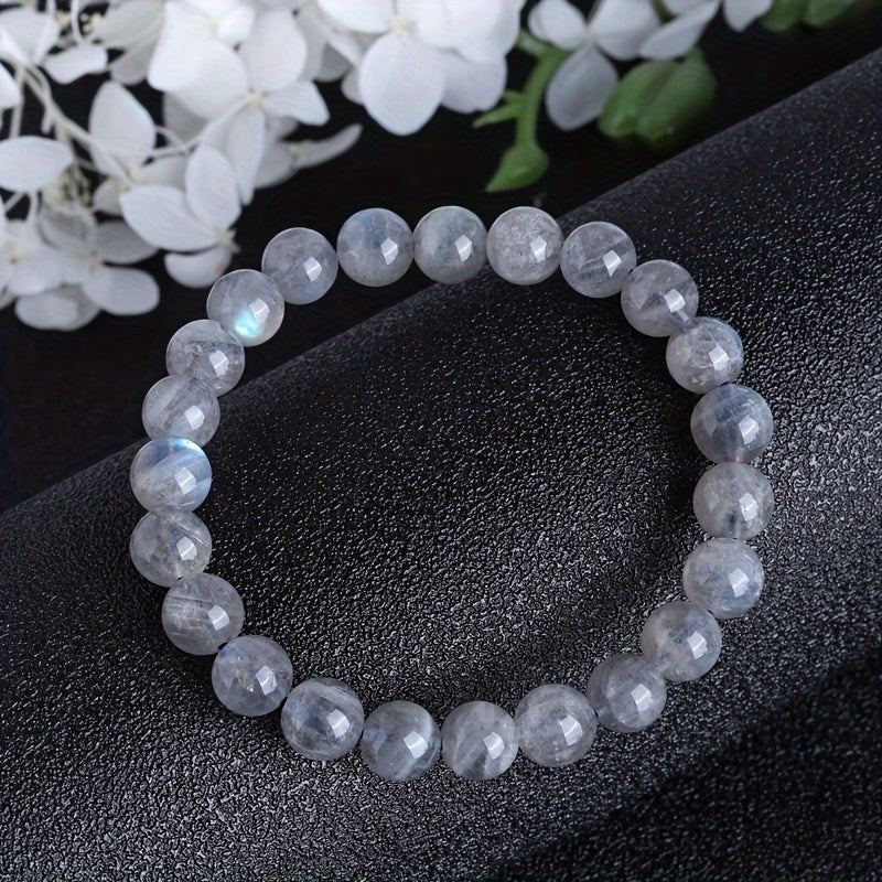 Zen Inspiration，Men's Fashion8mm Natural Labradorite Beaded Bracelet - Blue Light and Gray Moonstone，Suitable for Daily Wear Or Christmas Gifts