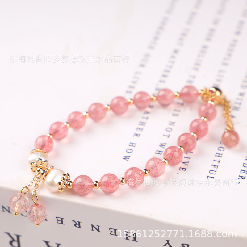 Raindrop Style 14k Gilded Natural Red Strawberry Quartz plus Freshwater Pearl Bracelet Bracelet Hand Knitting Ornament Wholesale