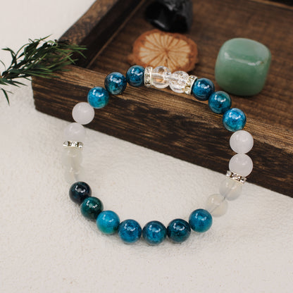 Fashion Handmade Natural Stone Bracelet - White Green Lapis Lazuli and Apatite Beads，Perfect Family Friend Gift，Ideal Choice for Summer