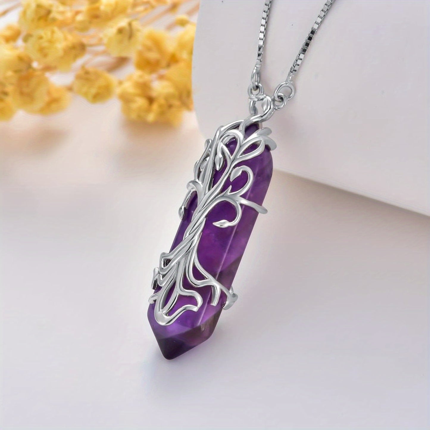 Elegant Tree of Life Amethyst Pendant Necklace，925Sterling Silver，White gold plated，Simple Hexagonal Energy Jewelry，Suitable for Daily Wear and Gifts，The Perfect Choice for Valentine's Day