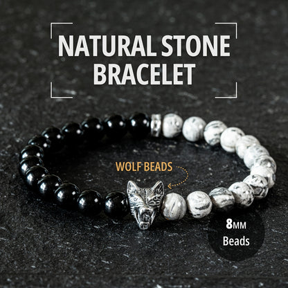 Natural Map Stone and Obsidian Beaded Bracelet，Pendant with Wolf Head，Handmade，Neutral and Universal Design，Suitable for Men and Women Casual and Formal Daily Wear，Thoughtful Gift for Friends and Family。