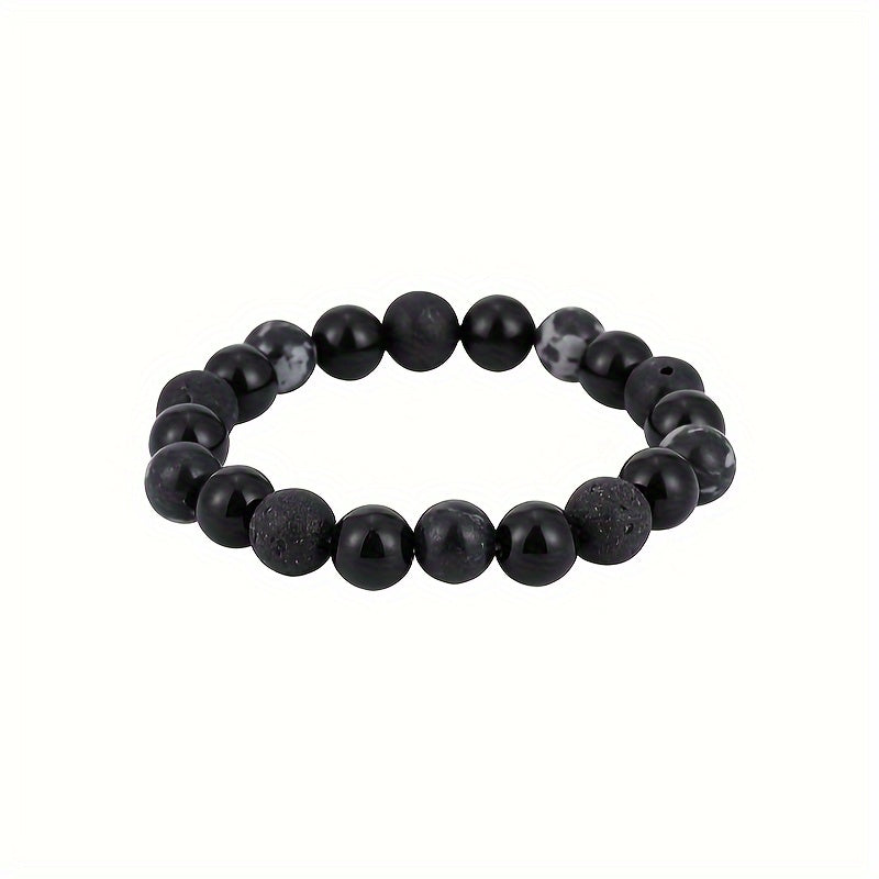 Vintage Style Black Volcanic Rock Beaded Bracelet with Stainless Steel Cross Pendant - Natural Crystal，Suitable for Couples and Casual Wear