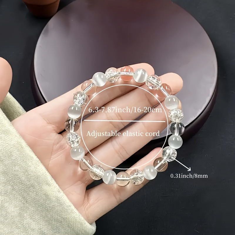 1pc Boho Style Handmade Elastic Crystal Bracelet，With White Stone and Cat's Eye Imitation Gem，For Decompression、Reduce Anxiety and Maintain Psychological Balance - Elegant Gift Choice