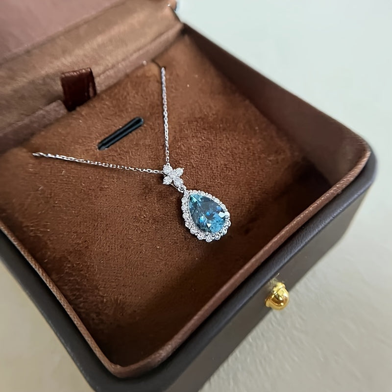 S925Sterling Silver Ocean Blue Zircon Necklace Fashion Simple Special-Interest Design Light Luxury Water Drop Pendant Clavicle Chain Women's Retro Palace Luxury Classic High-End Blue Tears European and American