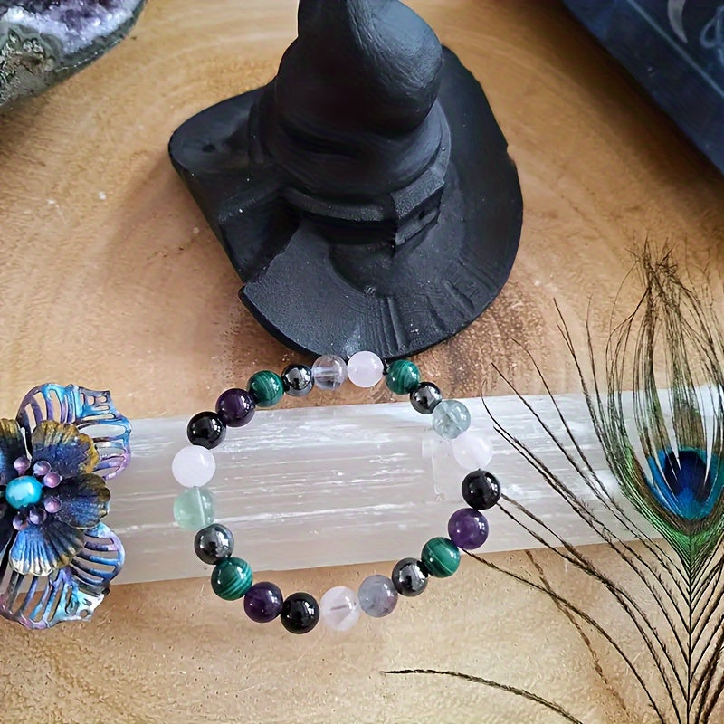 1One Natural Stone Beads Protection Bracelet - Pink crystal、Malachite、Hematite、Fluorite、Amethyst and Black Tourmaline - Jewelry Gift