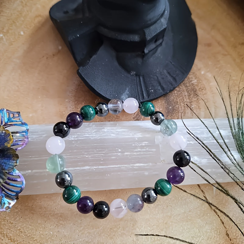 1One Natural Stone Beads Protection Bracelet - Pink crystal、Malachite、Hematite、Fluorite、Amethyst and Black Tourmaline - Jewelry Gift