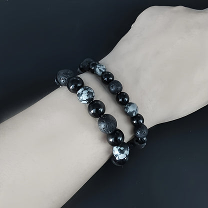 Vintage Style Black Volcanic Rock Beaded Bracelet with Stainless Steel Cross Pendant - Natural Crystal，Suitable for Couples and Casual Wear