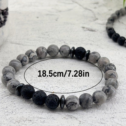 1Natural Stone Healing Bracelet，Gray Map Stone and Black Lava Stone Elastic Bracelet