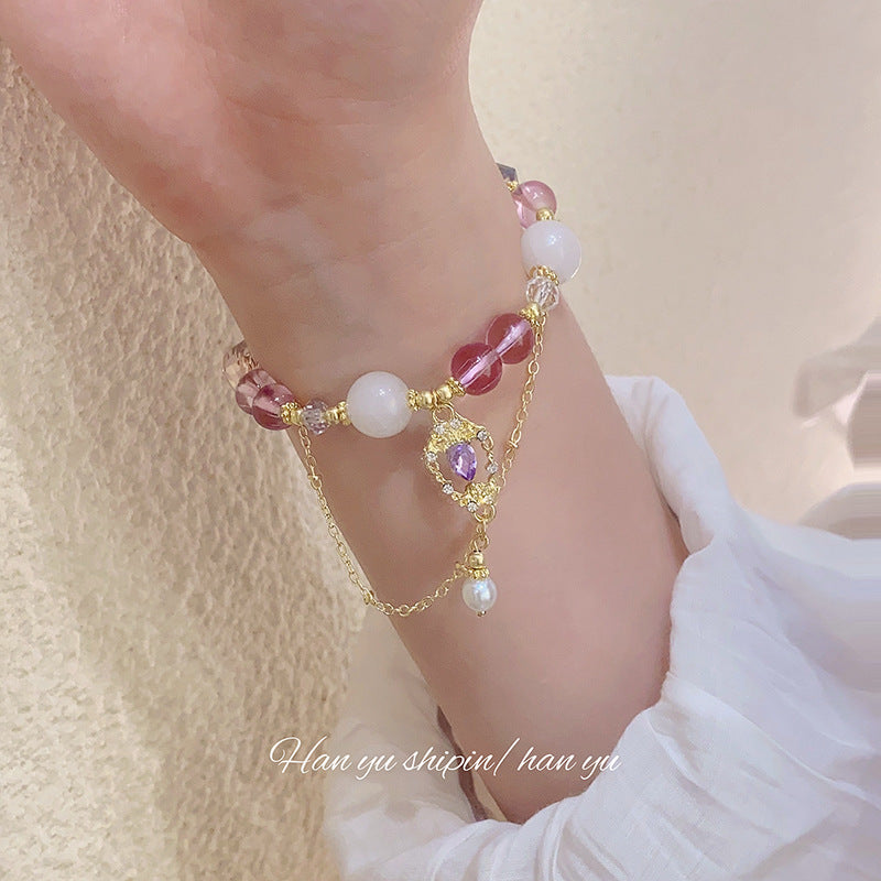 Elegant Double-Layer Geometric Beaded Bracelet，Alloy Rhinestone-Encrusted，Purple and White Crystal，Ladies，Ideal Birthday Gift，Chinese Style，Niche Luxury，Crystal beads，Friendship Gift