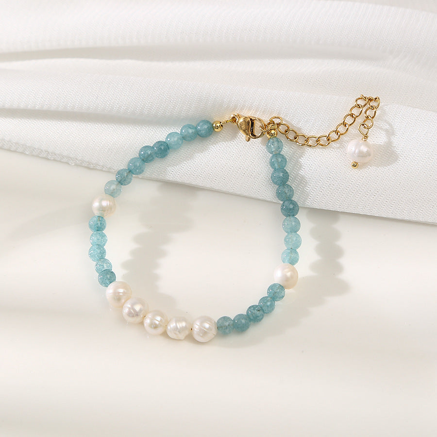 1Aquamarine round Freshwater Pearl Bracelet Light Luxury Ornament Minority all-match Elegant High Sense Vintage Bracelet