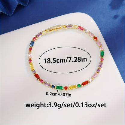 A French Colorful Synthetic Zircon Copper Bracelet，Suitable for Women to Wear - Four Seasons Universal Connecting Shackle Long Design，Suitable for Daily Wear、Vacation and Dating。