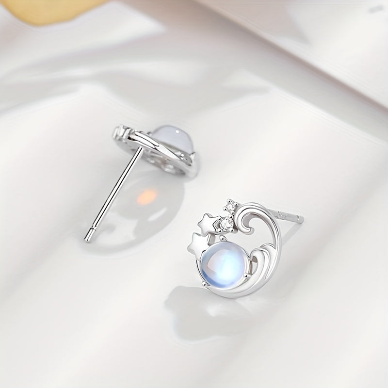 Spark Grow 2pcs 925 Silver Nail Earrings，With Gems Moonstone and 18K Gold Plating - Stylish Crescent Moon and XINGX Design