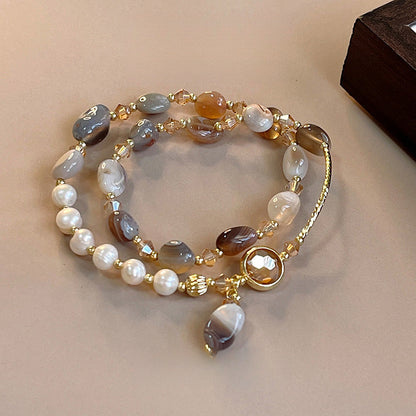 Elegant Double-Layer Pearl and Gem Bracelet - Women's Luxury White Jewelry