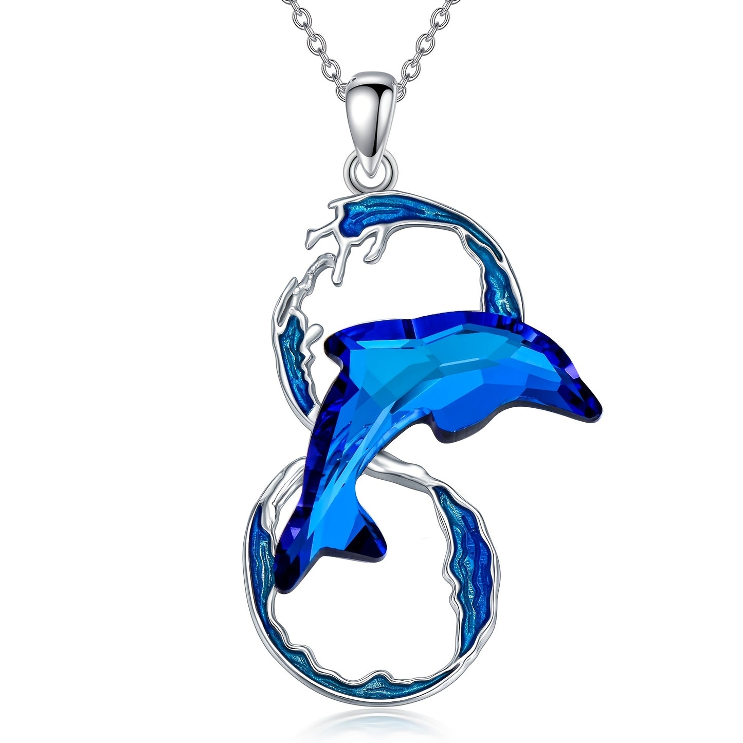 Elegant 925 Sterling Silver Dolphin Pendant Necklace with Blue Artificial Crystal，Ocean Wave Jewelry，Perfect Birthday Gift for Women，Silver，Dolphin Necklace，Ocean Waves，Birthday Gift