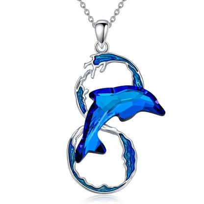 Elegant 925 Sterling Silver Dolphin Pendant Necklace with Blue Artificial Crystal，Ocean Wave Jewelry，Perfect Birthday Gift for Women，Silver，Dolphin Necklace，Ocean Waves，Birthday Gift