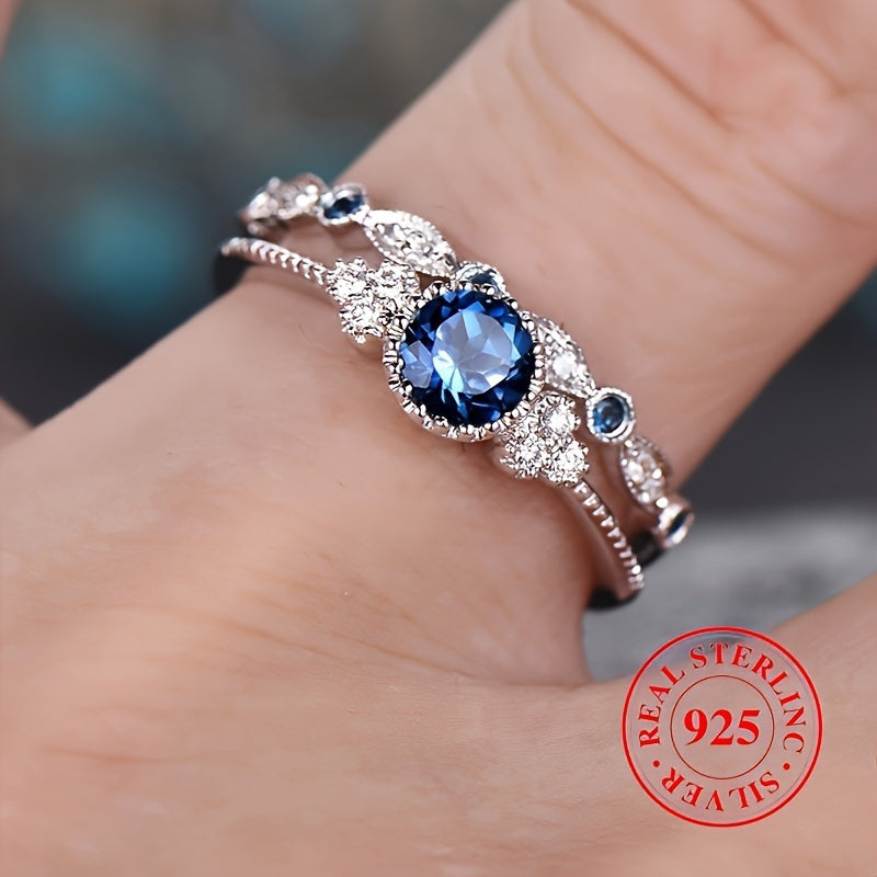 Women's Fashion High-End Jewelry2Pieces925Sterling Silver Stacking Ring，Inlaid with Shiny Blue Gems，Representing Elegance and Dignity，High Quality Gift，Suitable for Dinner Decoration