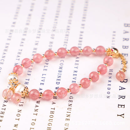 Raindrop Style 14k Gilded Natural Red Strawberry Quartz plus Freshwater Pearl Bracelet Bracelet Hand Knitting Ornament Wholesale