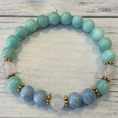 Bohemian Serenity Stone Bracelet - Amazon Stone、Aquamarine with Rose Quartz - Perfect for Love、Self-Love and Courage - Ideal Gift for Ladies