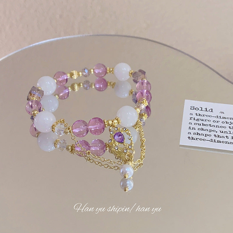 Elegant Double-Layer Geometric Beaded Bracelet，Alloy Rhinestone-Encrusted，Purple and White Crystal，Ladies，Ideal Birthday Gift，Chinese Style，Niche Luxury，Crystal beads，Friendship Gift