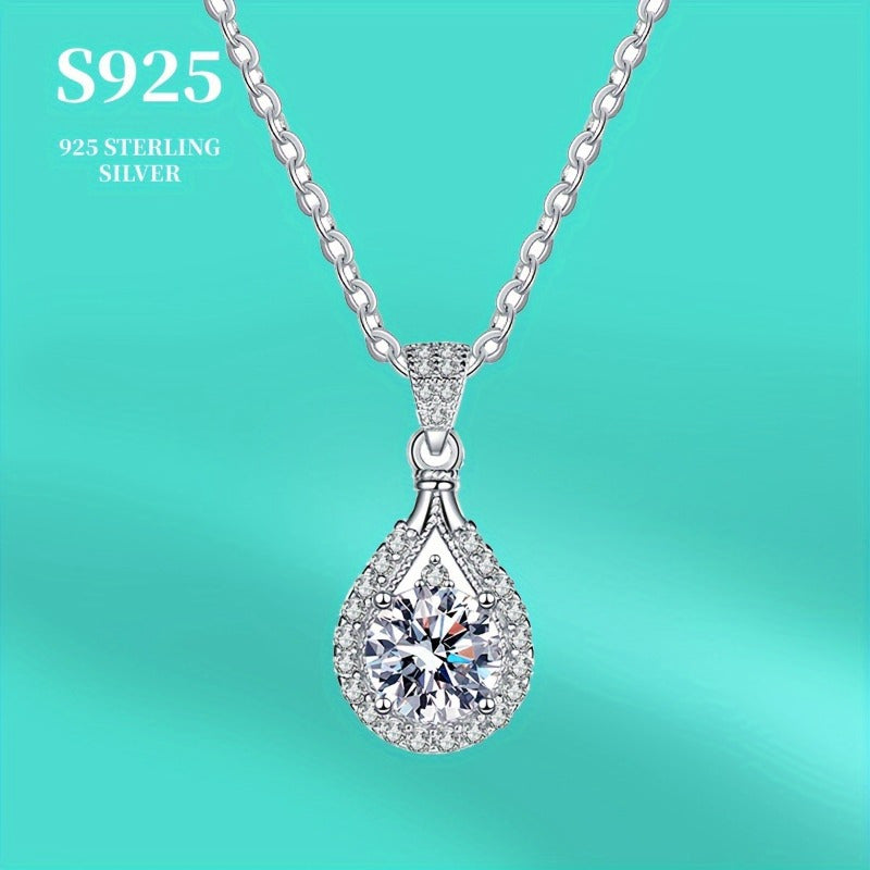 1Pieces925Silver Moissanite Necklace，Elegant Style，Exquisite Water Drop Pendant Jewelry，Engagement Wedding Party Wear，Anniversary Gift for the Other Half