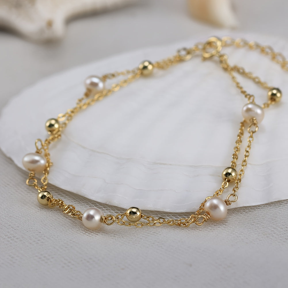 Exquisite925Sterling Silver Double-Layer Bracelet，With Natural Freshwater Pearls，14K Gold Plating - Simple Double Strand Chain Pearl Bracelet，Suitable for Women's Daily Wear and Vacation，Valentine's Day Gift GPB32