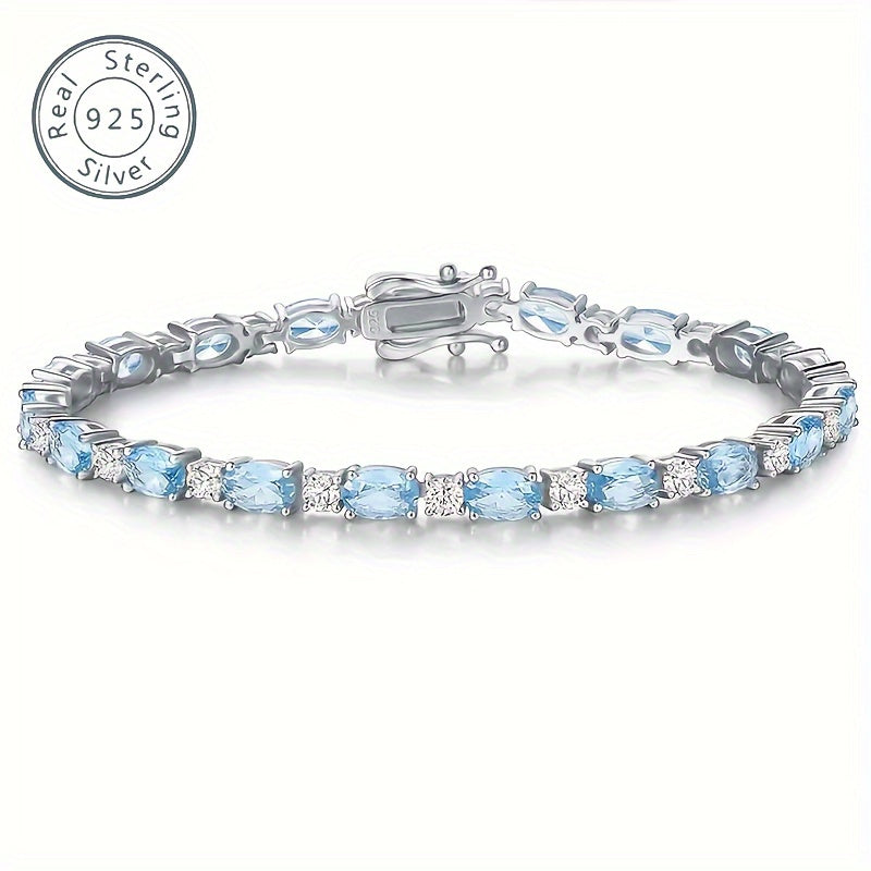 925Sterling Silver High-Grade Simple Exquisite Fashion Elegant Sterling Silver Sea Blue Artificial Gemstone Crystal Bracelet，Women's Bracelet，Anti-Allergy，Anniversary Birthday Gift，Exquisite Gift Packaging