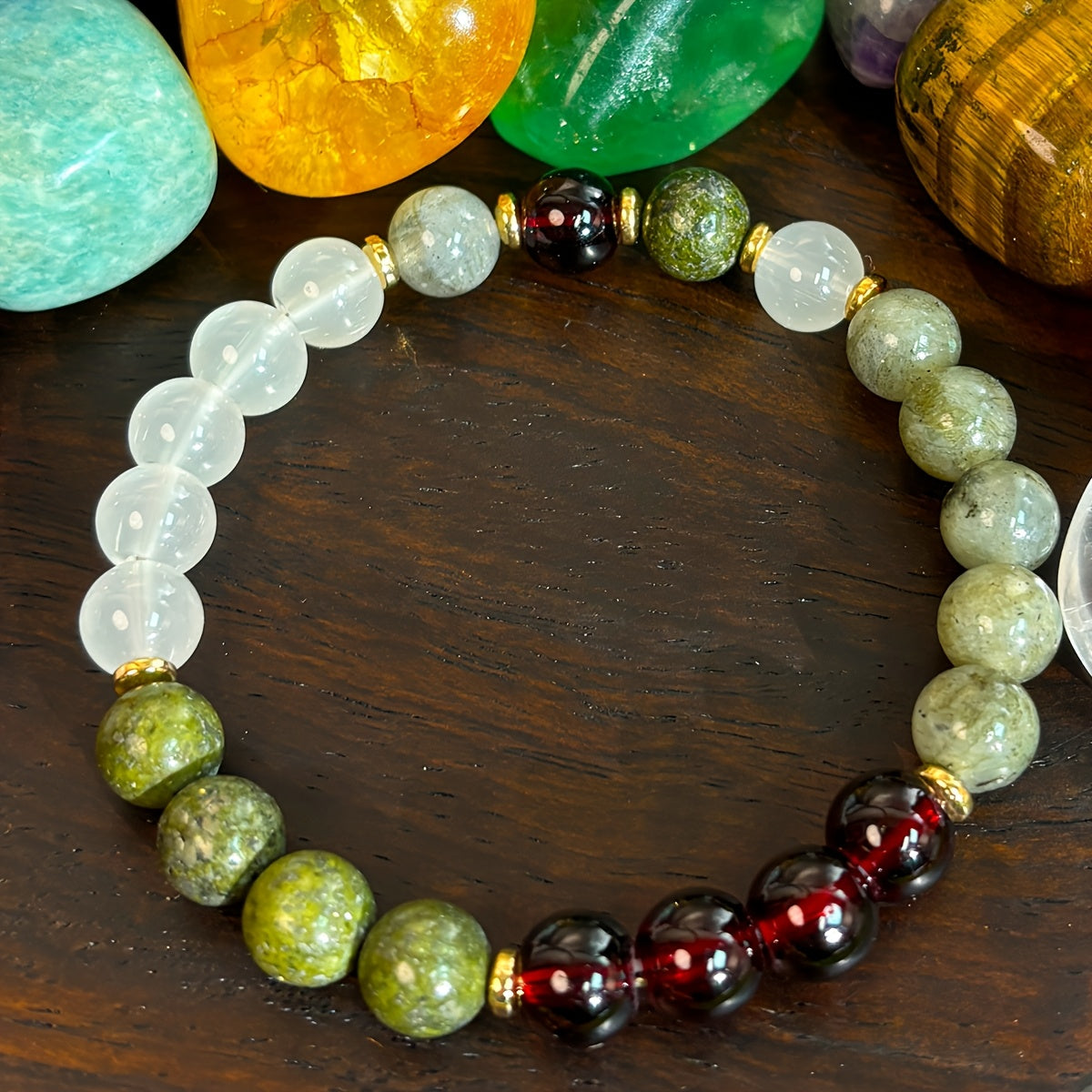 Harmonious Combination，Bohemian Magic Bracelet，Moonstone、Dragon Blood Stone and Garnet - Handmade Beaded Stretch Ornament，Suitable for Men and Women Daily Wear Or Holiday Gifts