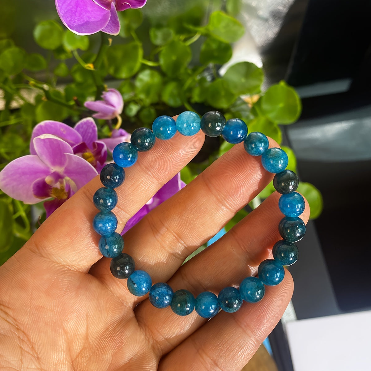 1 Bohemian Style 8 mm Blue Apatite Beaded Elastic Bracelet，Stimulate Motivation and Creativity，Perfect for Everyday Wear Or as a Christmas Gift，Natural Stone Color May Vary