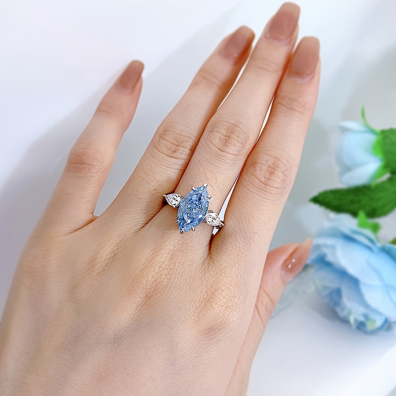 4 Carat S925 Sterling Silver Blue Zirconia VVS1 Definition Horse Eye Ring，5A+ Grade High Carbon Zirconia，High Quality Jewelry，March Birthday Stone，Blue Stone Ring，Wedding Ring，Engagement Ring，Christmas Gift，Birthday Gift，Anniversary