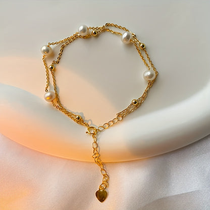 Handmade Natural Freshwater Pearl Bracelet、Double Chain Pearl Bracelet、Layer Gold Bracelet、Wedding Bracelet、Bridesmaid Gift、Christmas Gift、Valentine's Day Gift、Holiday Gift、Mother's Day Gift