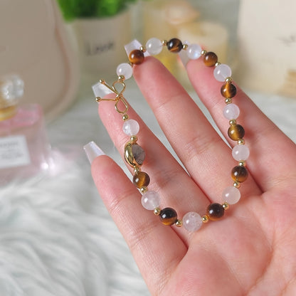 Elegant French Style Tiger Eye and Rock Quartz Bracelet，Gold Plating14K - A Perfect Christmas Gift，Multifunctional Daily Accessories，Enhance Courage and Confidence，Relieve Stress，Ideal Birthday Gift，Suitable for Women and Mothers