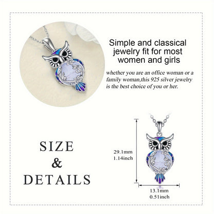 Ladies One Piece Set Fashion Owl Pendant Necklace 6.8 Gram 925 Sterling Silver White Gold Plated Set Black agate Dripping Craft Animal Jewelry Gift 18+2 Inch Extension Chain