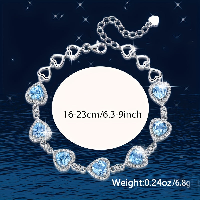 1Pieces925Sterling Silver Low Sensitivity Blue Sea Heart Inlaid Zirconia Fashion Elegant Sexy Beach Vacation Women's Fashion Bracelet（Total Weight6.8Gram）