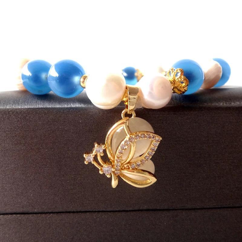 Elegant Aquamarine with Freshwater Stone Bracelet，Handmade Butterfly Hanging Ornament - Her Perfect Gift，Suitable for All Seasons