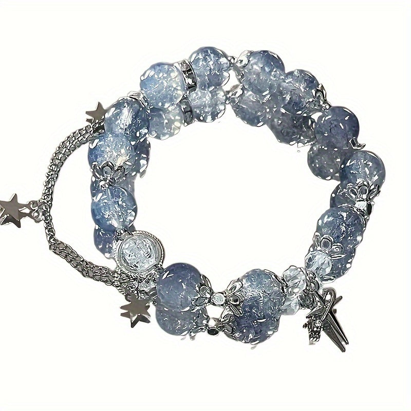 Fashionable and Exquisite Healing Blue Ice Crushing Micro Glass Bead Star Pendant Chain Stretch Bracelet，It Is the First Choice for Family and Friends Holiday Birthday Gift