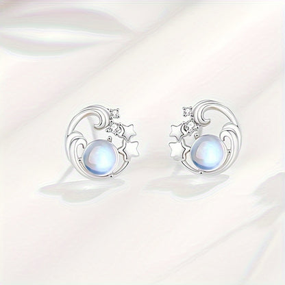 Spark Grow 2pcs 925 Silver Nail Earrings，With Gems Moonstone and 18K Gold Plating - Stylish Crescent Moon and XINGX Design