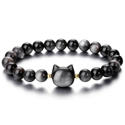 1pc VAVICORE Crystal Cat Bracelet，8mm Natural Stone Beads，Stretch Silver Gloss Obsidian Jewelry，Lovely Good Luck Gifts for Women and Men，Valentine's Day Accessories