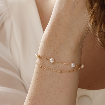 Handmade Natural Freshwater Pearl Bracelet、Double Chain Pearl Bracelet、Layer Gold Bracelet、Wedding Bracelet、Bridesmaid Gift、Christmas Gift、Valentine's Day Gift、Holiday Gift、Mother's Day Gift