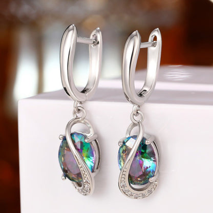 Gorgeous and Exquisite New Colorful Stone Earrings Ear Clip Mid-Length Style Elegant Oval Imitation Gemstone Earrings European and American Avant-Garde Style Pendant