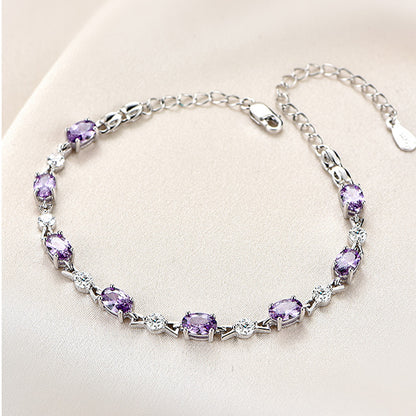 S925Silver Amethyst Couple Purple Diamond Sterling Silver Bracelet Female Korean Style Personalized and Mori Girlfriends Jewelry Wholesale Delivery