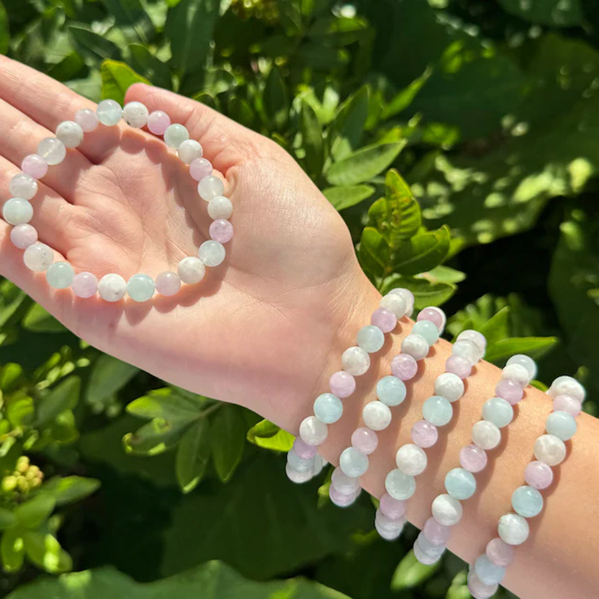 Bohemian Meditation Bracelet，With Crystal、Kunz Stone and Rainbow Moonstone - 8mm round Crystal Beads，Improved Clarity and Spiritual Awakening - Perfect Gift for Women