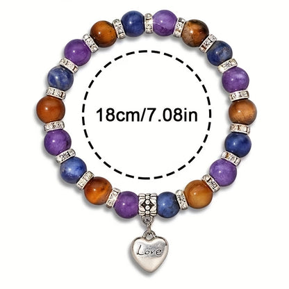 Anxiety Relief Natural Stone Bracelet with Heart Charm - Yellow Tiger's Eye、Amethyst、Lapis Lazuli, Etc. - Sedation and Decompression，Perfect for Valentine's Day、Anniversary and Birthday Gifts